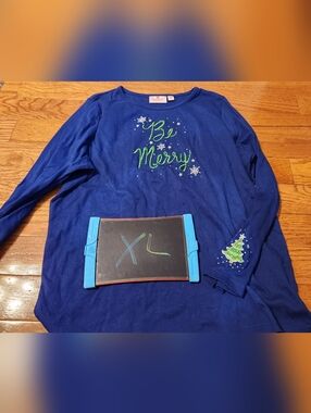 Be Merry Blue Women's Long-Sleeve Holiday Top Quacker Factory Xl